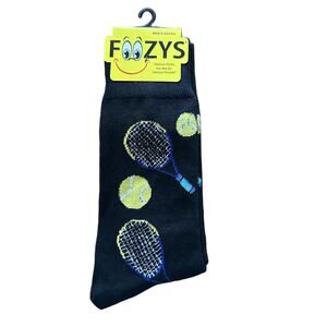 NWT Foozys Black Tennis Racket Ball Pattern Crew Socks Mens One Size